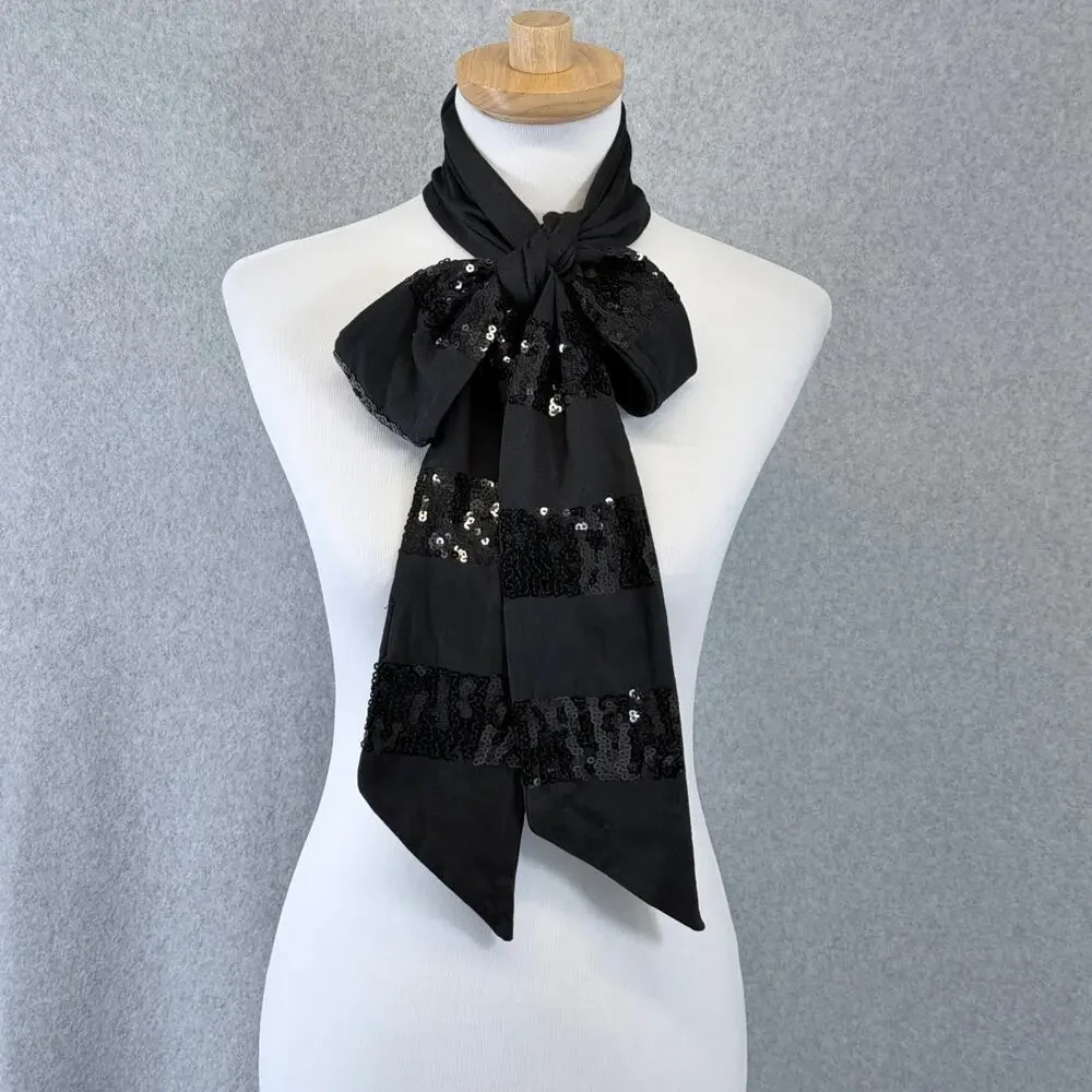 Black Sequin Skinny Scarf 100% Cotton Long Neck Tie Bow Evening Party OSFM